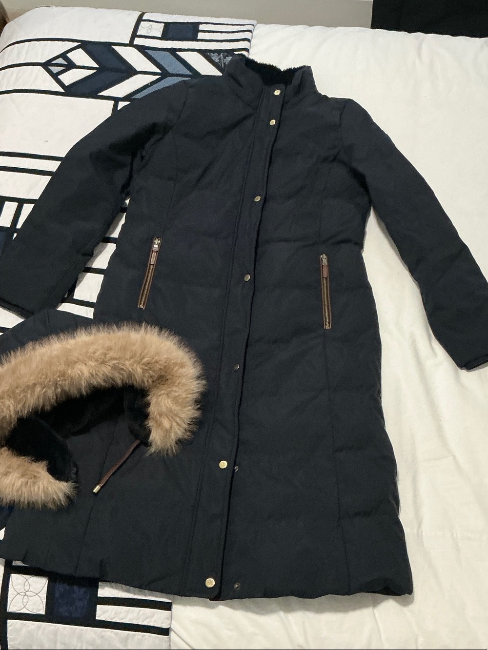 Ralph Lauren NAVY Long Quilted Puffer Coat with Removable Faux Fur Trim Hood